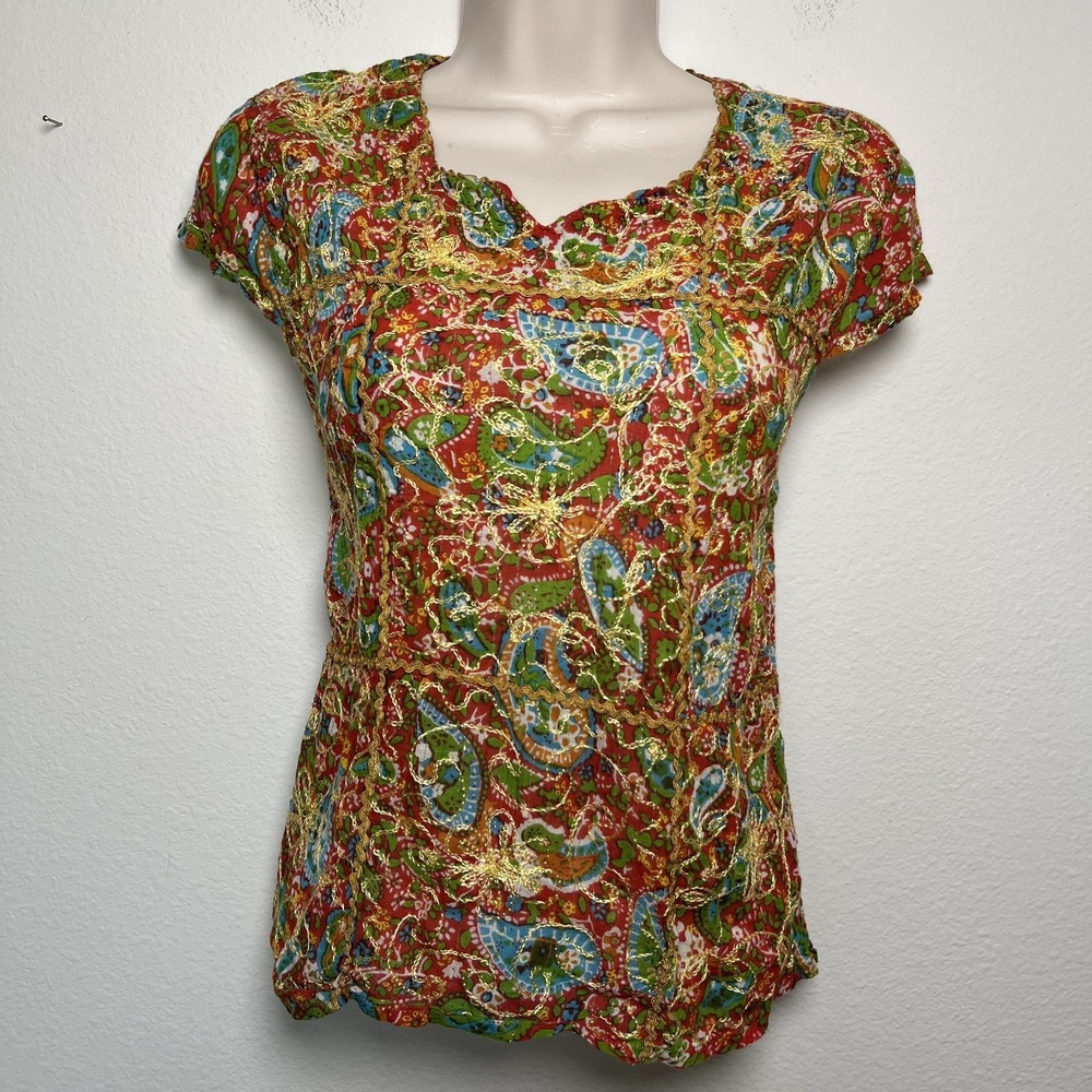Women Embroidered Multicolor Artsy Shirt‎ XS Colorful Art to Wear Short Sleeve